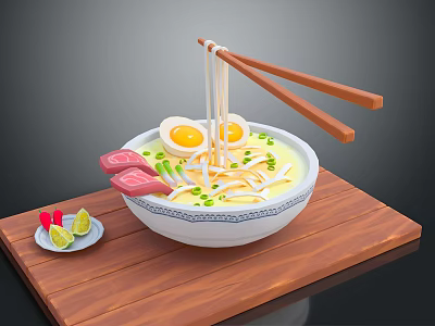 Delicious Ramen Bowl With Noodles Soft Boiled Eggs Sliced Meat And Scallions On Wooden Tray 3d model