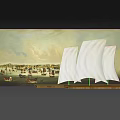 Art Installation Featuring White Sailboat Models Against Background Harbor Painting With Ships