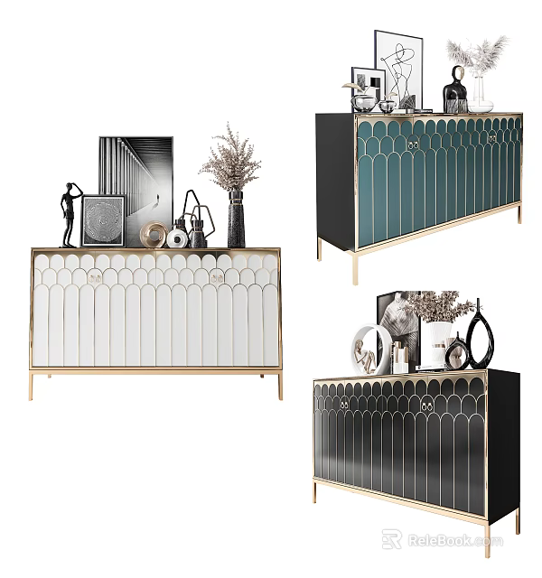 Elegant Modern Entryway Side Cabinet With Hexagonal Pattern Golden Legs Decorative Items 3d model