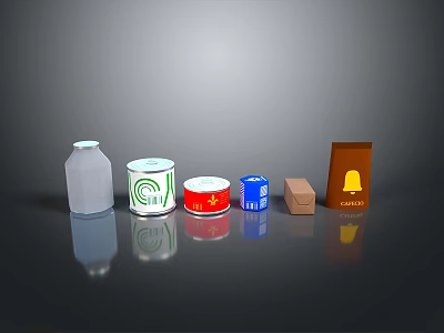 Pet Food Containers Including White Bottle Green Red Blue Cans and Coffee Box 3d model