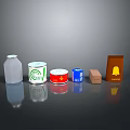 Pet Food Containers Including White Bottle Green Red Blue Cans and Coffee Box