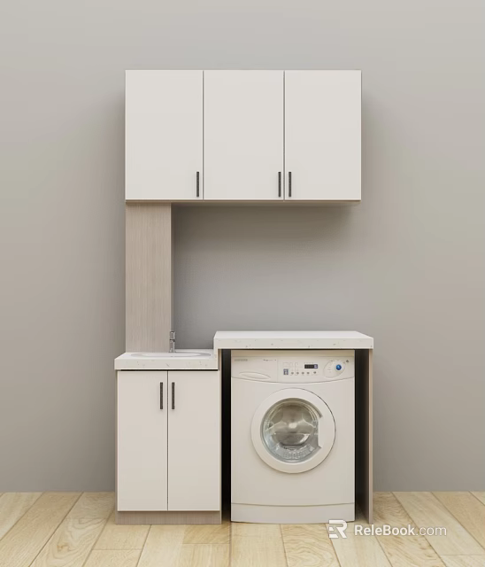 White Bathroom Vanity Cabinet With Upper Storage And Washing Machine Integration 3d model