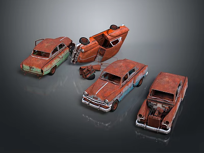Rusted Old Vintage Car Models With Damaged Bodies And Scattered Parts On Dark Background 3d model