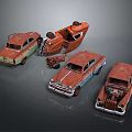 Rusted Old Vintage Car Models With Damaged Bodies And Scattered Parts On Dark Background