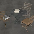 Modern Round Metal Table With Books And Three Chairs Featuring Checkered Beige Seats