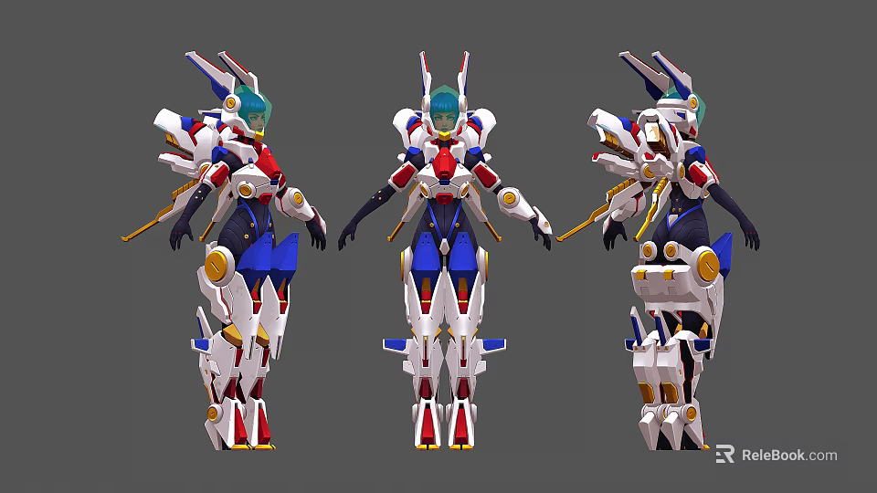 Female Mech Warrior Character With Red White Blue Armor Rabbit Ear And Staff Weapon 3d model 