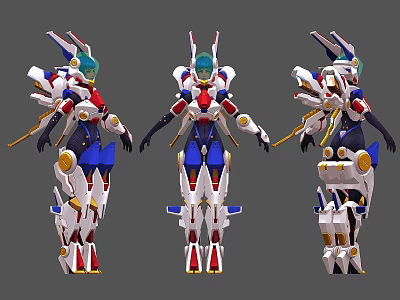 Female Mech Warrior Character With Red White Blue Armor Rabbit Ear And Staff Weapon 3d model