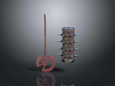 Rustic Metal Polearm With Circular Blade And Multi Layered Spiked Mace On Gray Background 3d model
