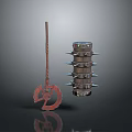 Rustic Metal Polearm With Circular Blade And Multi Layered Spiked Mace On Gray Background