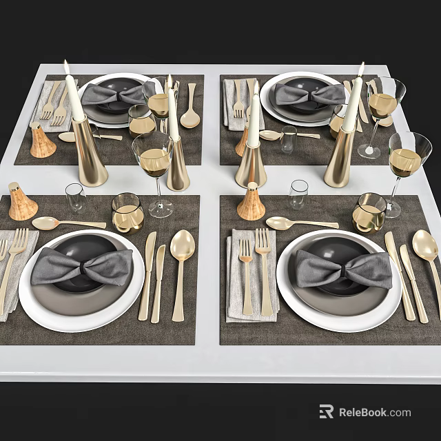 Elegant Modern Tableware Set With Gold Cutlery Plates Glasses And Candles For Dining Table 3d model 