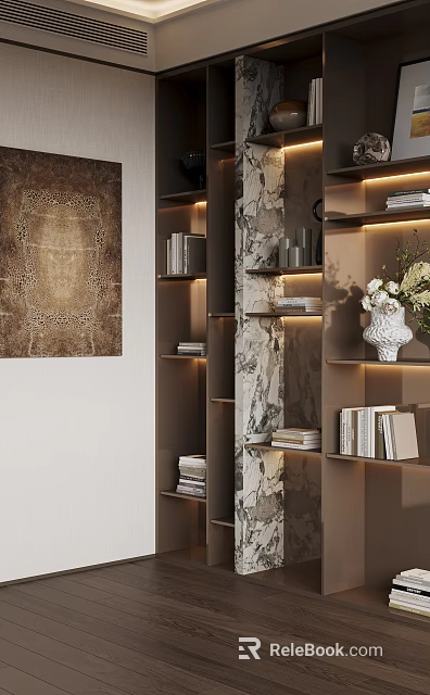 Elegant Modern Bookshelf Interior With LED Lighting Books Vase And Marble Accents 3d model 