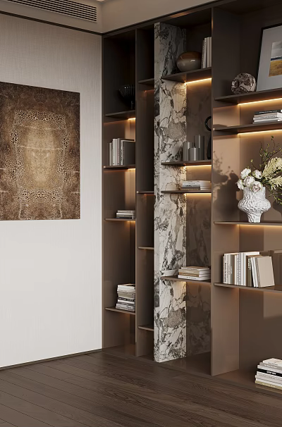 Elegant Modern Bookshelf Interior With LED Lighting Books Vase And Marble Accents 3d model