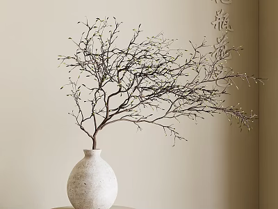 White Ceramic Vase with Twigs and Small Green Buds for Interior Decor 3d model