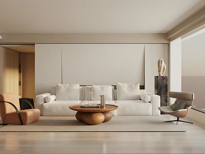 Modern Elegant Living Room Interior With White Sofa Coffee Table Chair And Decorative Sculpture 3d model