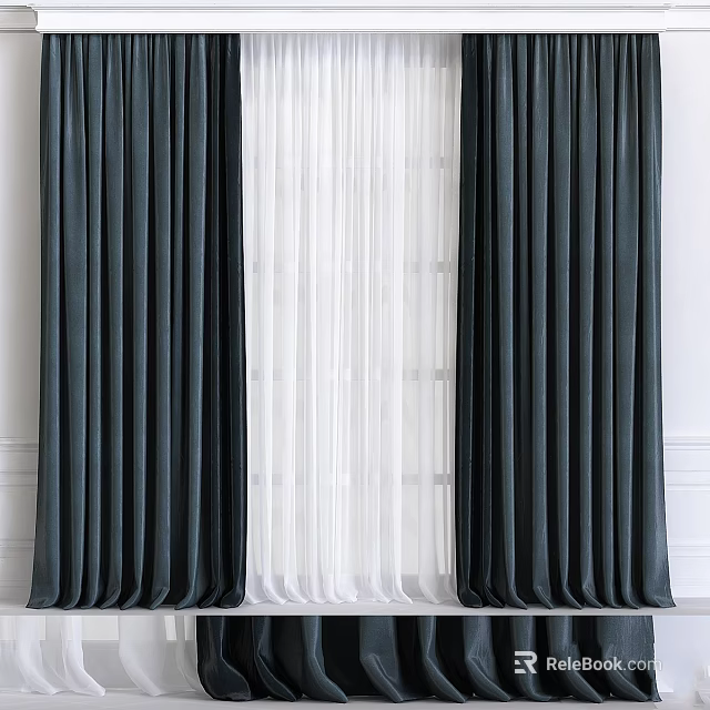 Stylish Dark Gray Velvet Curtains With White Sheer Layers For Window Decor 3d model 