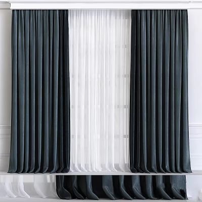 Stylish Dark Gray Velvet Curtains With White Sheer Layers For Window Decor 3d model