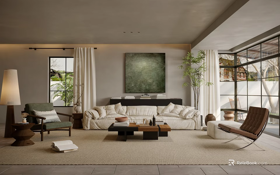 Modern Living Room Interior With White Sofa Coffee Table Large Wall Art And Plant 3d model 