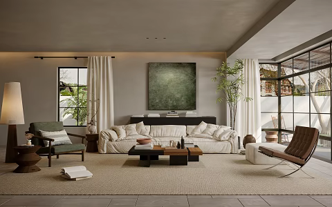 Quiet Living Room Middle Ancient Home Living Room Multi-Person Sofa Leisure Chair Coffee Table Combination Floor Lamp Decoration Hanging Painting 3d model