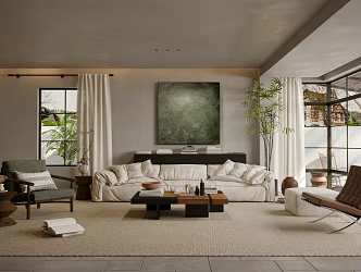 Quiet Living Room Middle Ancient Home Living Room Multi-Person Sofa Leisure Chair Coffee Table Combination Floor Lamp Decoration Hanging Painting 3d model