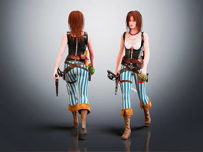 Two Female Characters With Striped Pants Black Vests Weapons And Mystical Creature 3d model