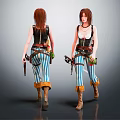 Two Female Characters With Striped Pants Black Vests Weapons And Mystical Creature