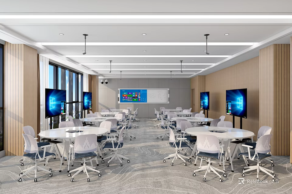 School Modern Classroom Featuring Round Tables White Chairs Digital Screens And Projector 3d model 