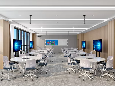 School Modern Classroom Featuring Round Tables White Chairs Digital Screens And Projector 3d model