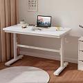 White Standing Desk With Laptop Coffee Cup Small Plant And Drawer Cabinet