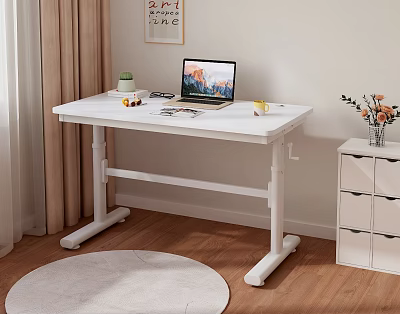 White Standing Desk With Laptop Coffee Cup Small Plant And Drawer Cabinet 3d model