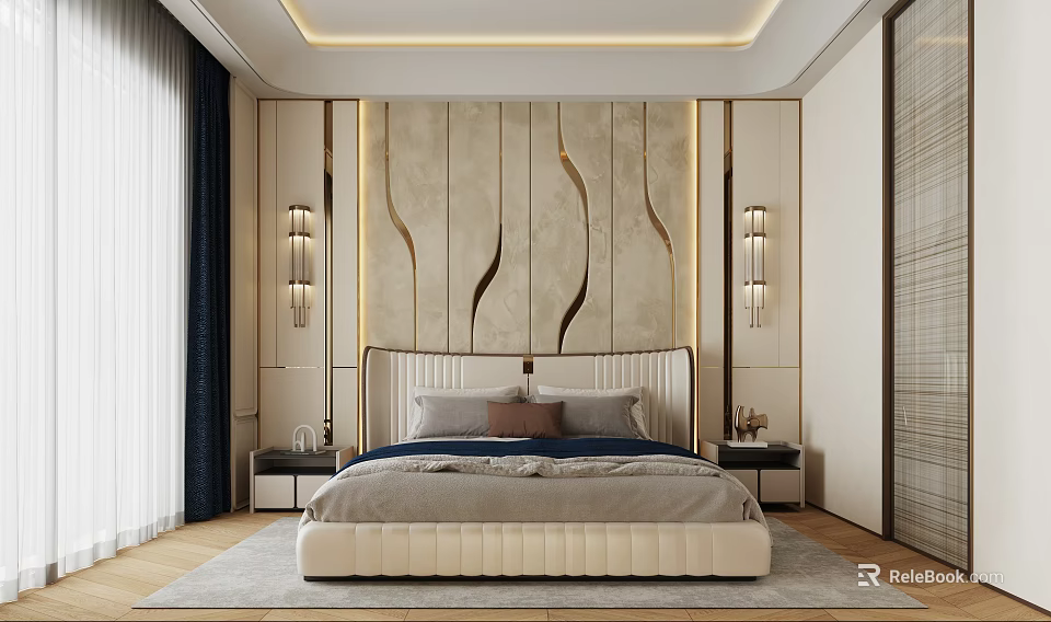 Modern Bedroom Interior Design With Wavy Accent Wall Upholstered Bed And Wall Sconces 3d model 