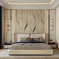 Modern Bedroom Interior Design With Wavy Accent Wall Upholstered Bed And Wall Sconces