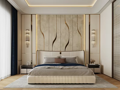 Modern Bedroom Interior Design With Wavy Accent Wall Upholstered Bed And Wall Sconces 3d model