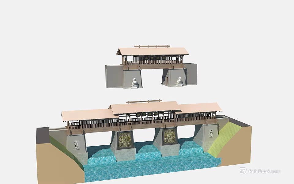 Double Deck Bridge Design With Roofed Structure And Flowing Water Below 3d model