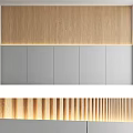 Building Components With Wooden Slats Gray Panels And Ambient Lighting