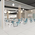 Modern Dining Hall Interior With Round Tables Chairs Central Column Ceiling Design And Plants 3d model