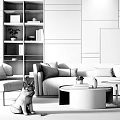 Modern Living Room Sofa And Coffee Table Set With Armchair Bookshelf And Decorative Rug