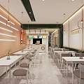 Bright Modern Restaurant Interior With White Tables Chairs Pendant Lights And Wall Decor