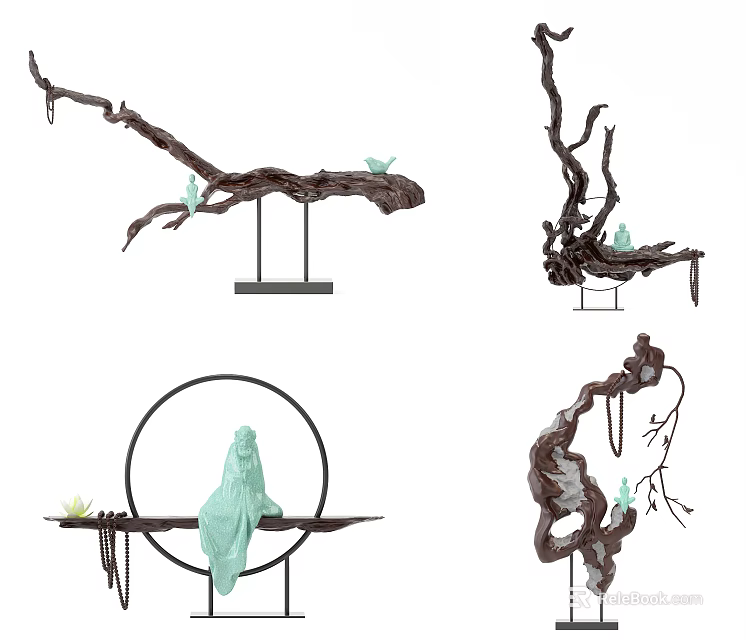 Elegant Twisted Branch Sculpture Carving Featuring Green Figure Small Birds Circular Frame And Metal Base 3d model 