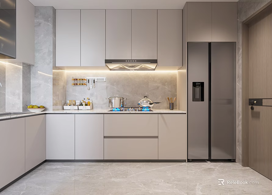 Modern Kitchen Interior Design With Gray Cabinets Island Counter And Stainless Appliances 3d model 
