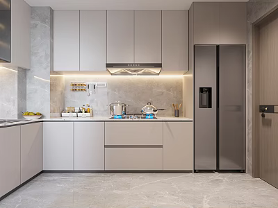 Modern Kitchen Interior Design With Gray Cabinets Island Counter And Stainless Appliances 3d model