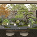 Japanese Style Courtyard Garden with Bonsai Pine Tree Stones Sand Lanterns Wooden Flooring and Cushions