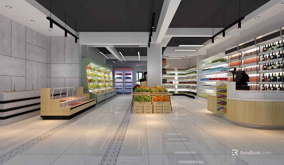 Spacious Supermarket Interior With Fresh Fruit Displays Vegetable Shelves And Refrigerated Cases 3d model 