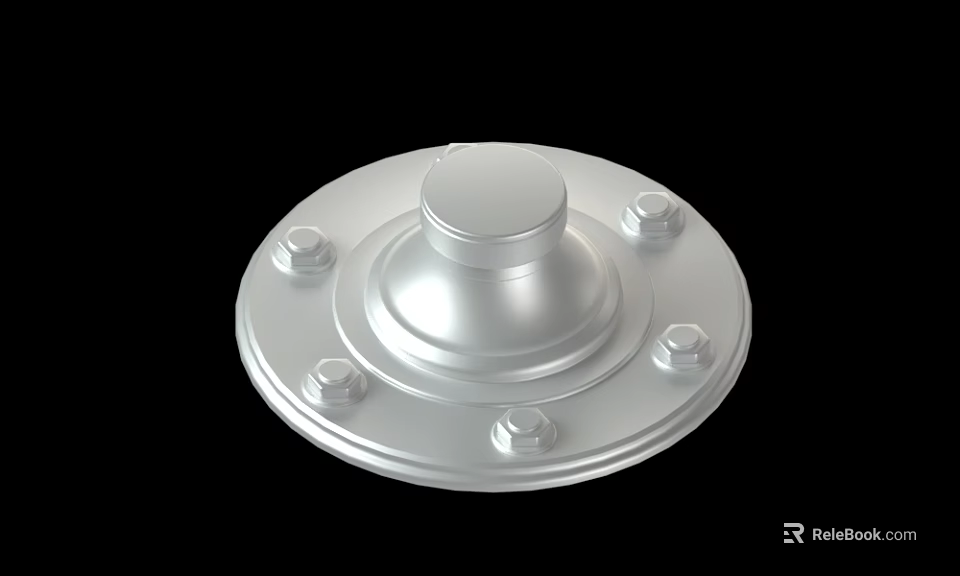 Silver Circular Mechanical Flange With Central Raised Part And Peripheral Bolts 3d model 
