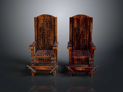 Rustic Vintage Carved Wooden Chairs With High Back Design And Metal Accents 3d model