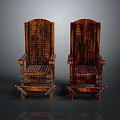Rustic Vintage Carved Wooden Chairs With High Back Design And Metal Accents