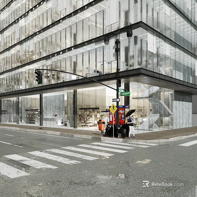 Modern Commercial Street with Glass Curtain Wall Buildings Pedestrians and Traffic Lights on Urban Street 3d model 