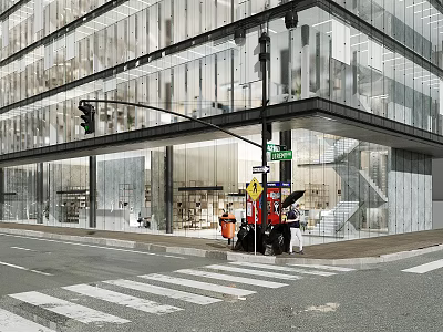 Modern Commercial Street with Glass Curtain Wall Buildings Pedestrians and Traffic Lights on Urban Street 3d model