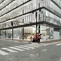 Modern Commercial Street with Glass Curtain Wall Buildings Pedestrians and Traffic Lights on Urban Street