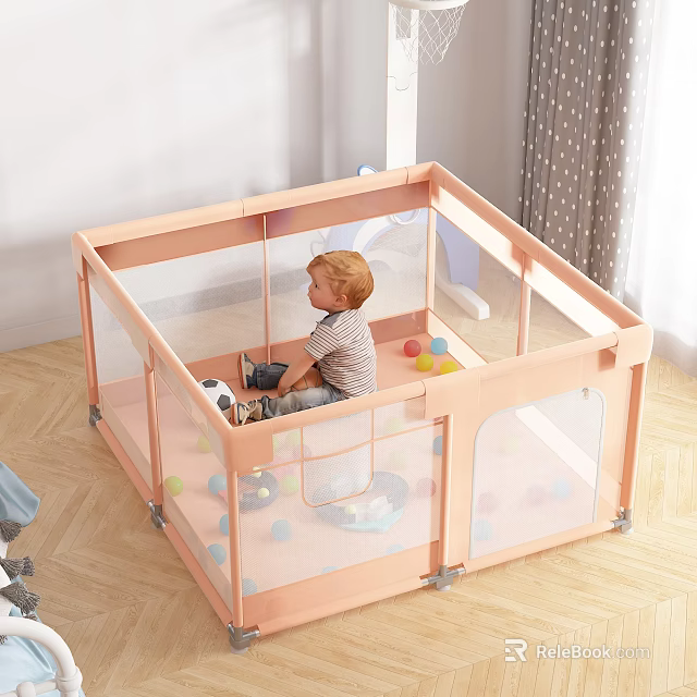 Pink Baby Playpen With Transparent Mesh Sides And Colorful Balls Toys On Wooden Floor 3d model 