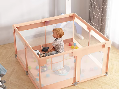 Pink Baby Playpen With Transparent Mesh Sides And Colorful Balls Toys On Wooden Floor 3d model